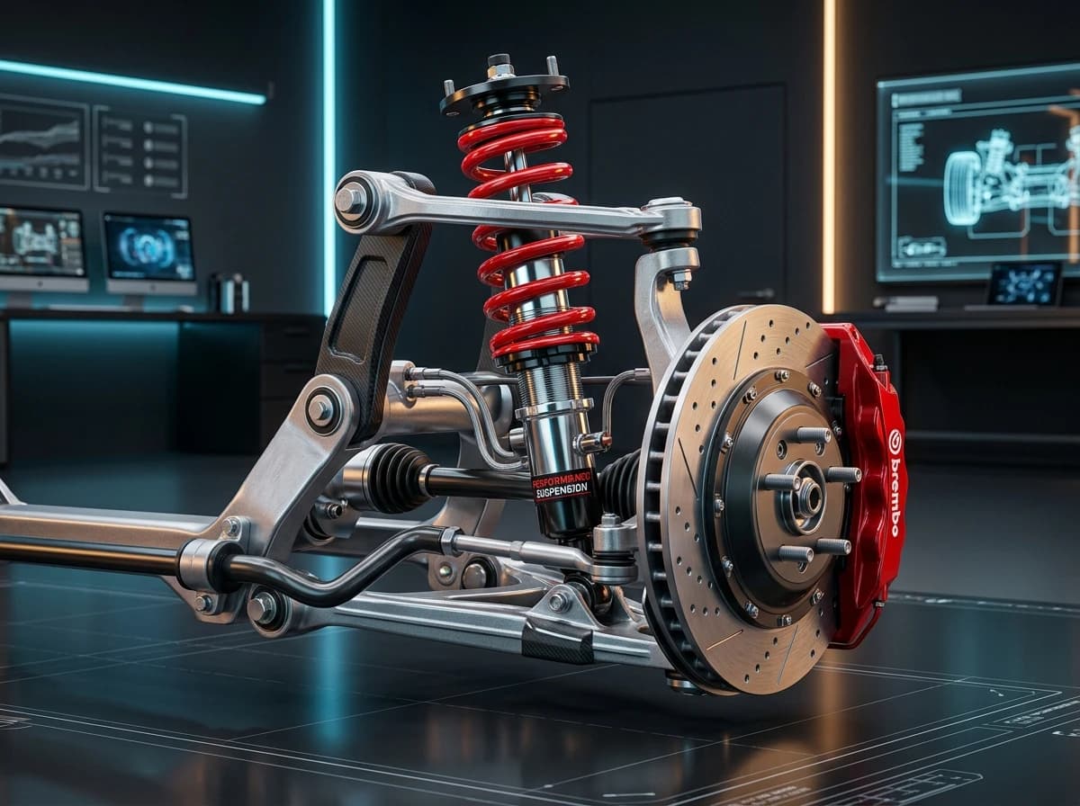 Automotive Suspension System 3D Cutaway Mockup - Strut, Coilover, Control Arm, and Brake Assembly